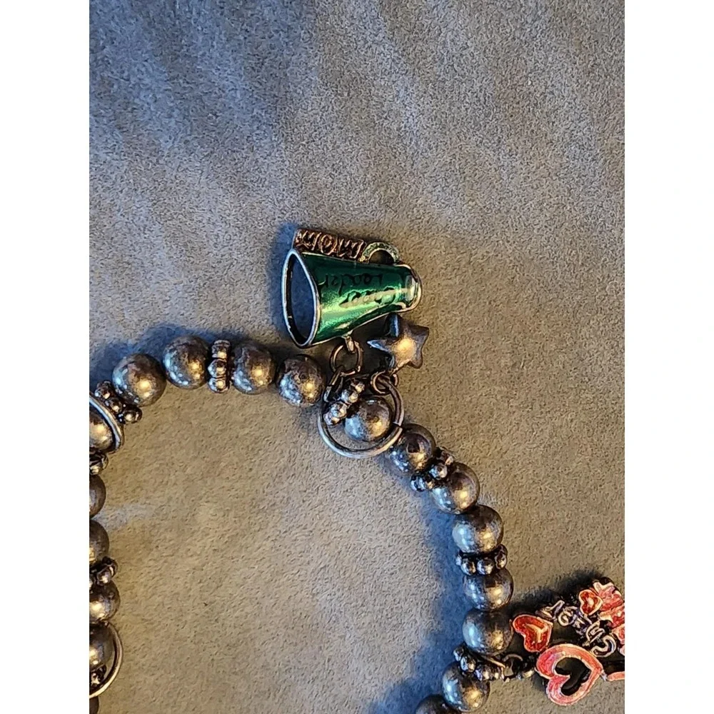 Cheerleader Cheer Mom Megaphone Enamel Charm Bracelet Gray Beaded FREE $HIP